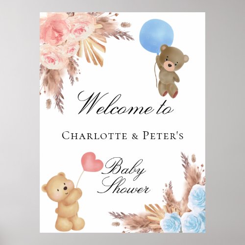Gender reveal party teddy bear pampas grass couple poster