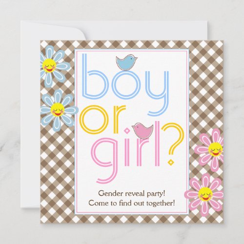 Gender reveal party text design with cute birdies invitation