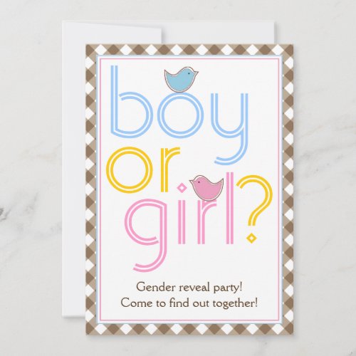 Gender reveal party text design with cute birdies invitation