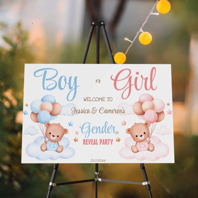 Gender reveal party welcome sign teddy bears (Gender reveal party welcome sign board teddy bear with balloons boy or girl pink and blue welcome)