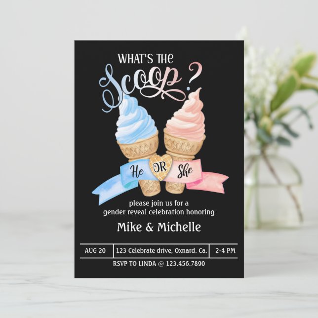 Gender reveal Party, What's the Scoop,  Invitation (Standing Front)