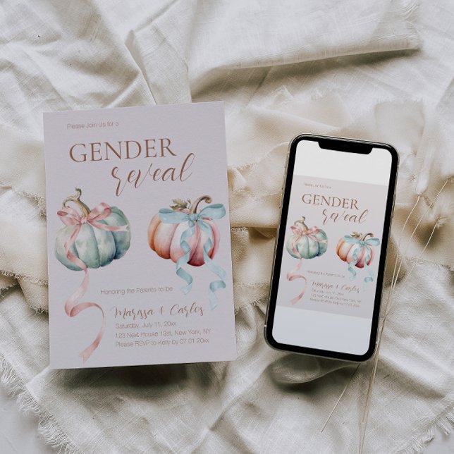 Gender Reveal Pastel Pumpkins and Bows Invitation (Fall Pumpkin with Bows Gender Reveal )