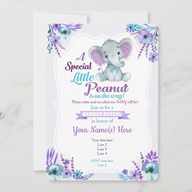 Gender Reveal Peanut Invitation Purple Teal (Front)