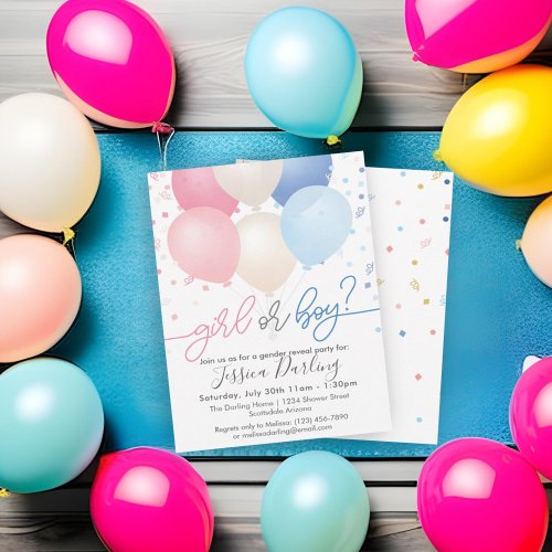 Gender Reveal Pink and Blue Balloons and Confetti Invitation