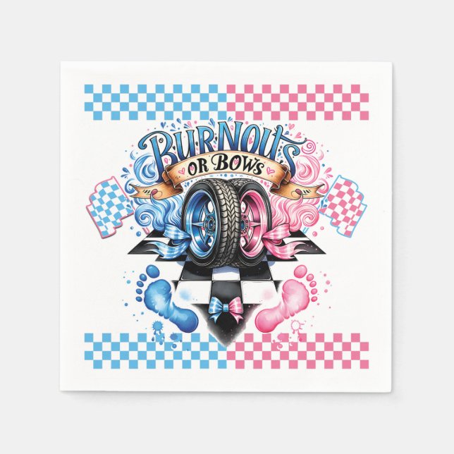 Gender Reveal Pink and Blue Bows and Tires Napkins (Front)