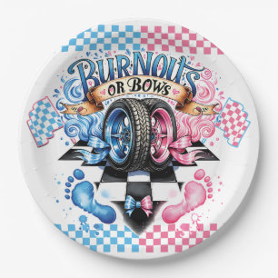 Gender Reveal Pink and Blue Bows and Tires Paper Plates