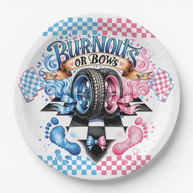 Gender Reveal Pink and Blue Bows and Tires Paper Plates (Front)