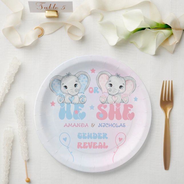 Gender Reveal Pink and Blue Elephant Paper Plates (Wedding)