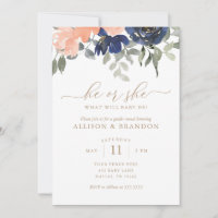 Gender Reveal Pink and Blue Florals He or She Invitation