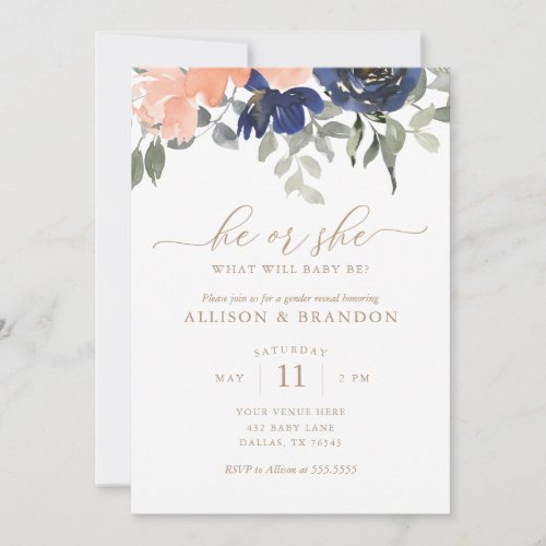 Gender Reveal Pink and Blue Florals He or She Invitation