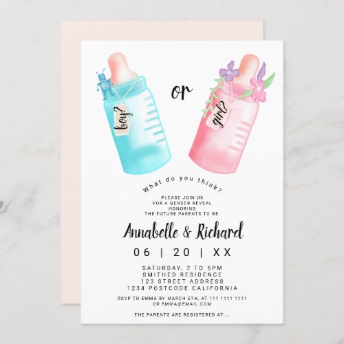 Gender reveal pink blue baby bottles typography invitation