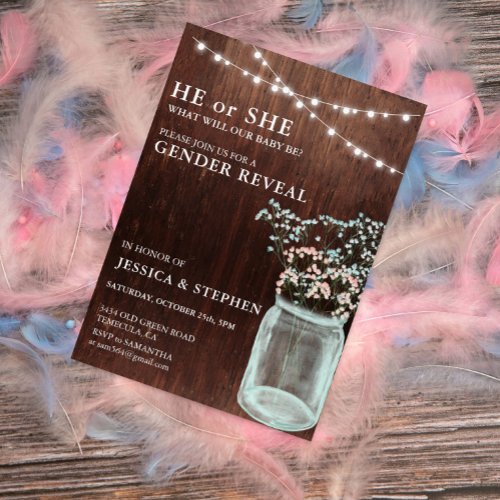 Gender Reveal Pink Blue Babys Breath wood Invitation