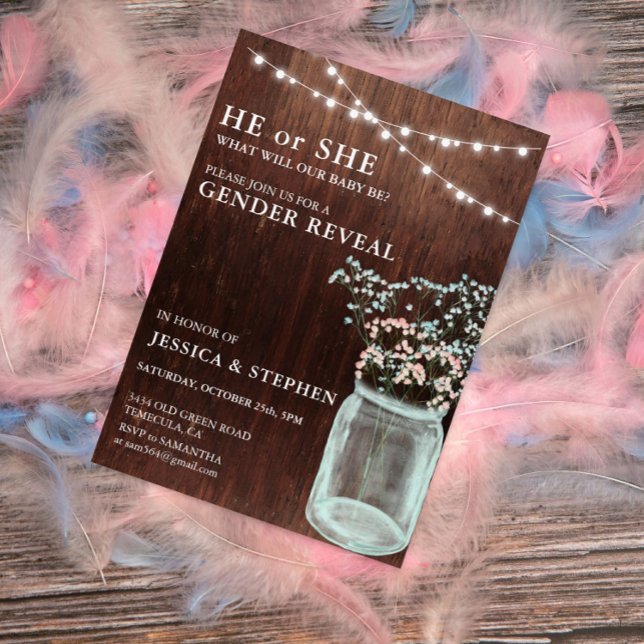 Gender Reveal Pink Blue Baby's Breath wood Invitation (Creator Uploaded)