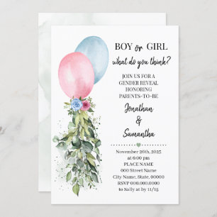 Gender Reveal Pink blue Balloons Eucalyptus Invitation
