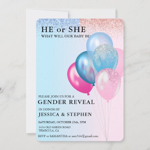 Gender Reveal Pink Blue Balloons Glitter  Invitation