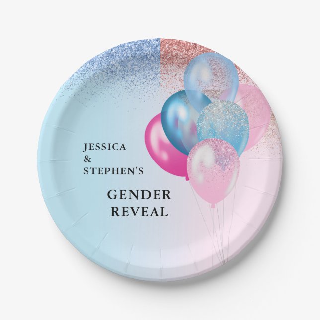 Gender Reveal Pink Blue Balloons Glitter   Paper Plates (Front)