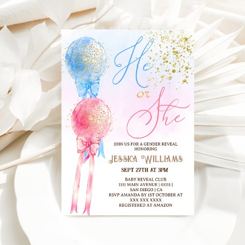 Gender Reveal Pink  Blue Balloons Gold Confetti  Invitation