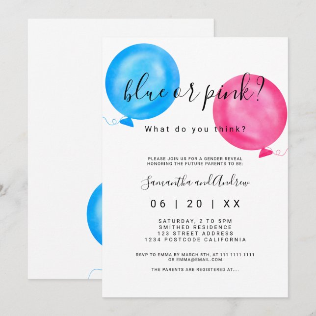Gender reveal pink blue balloons typography invitation (Front/Back)