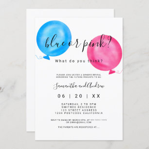 Gender reveal pink blue balloons typography invitation