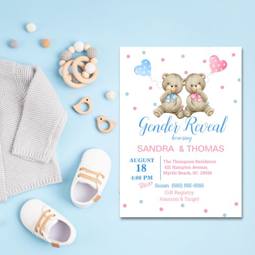 Gender Reveal Pink Blue Bears Invitation