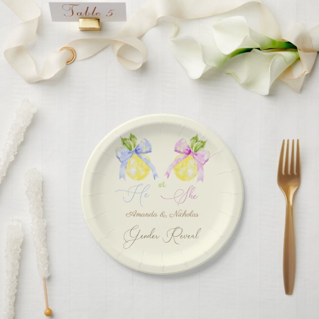 Gender Reveal Pink Blue Bow Lemon  Paper Plates (Wedding)