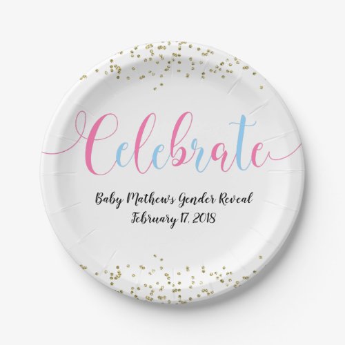 Gender Reveal Pink Blue Celebrate Gold Confetti Paper Plates