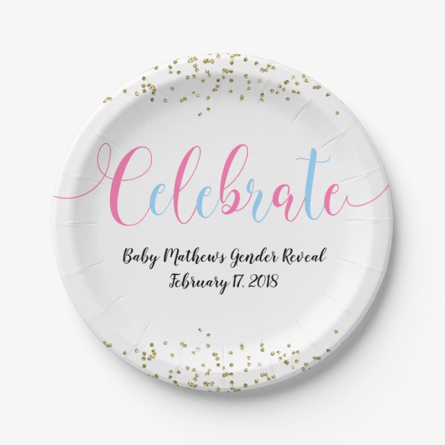 Gender Reveal Pink Blue Celebrate Gold Confetti Paper Plates (Front)