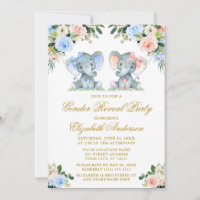 Gender Reveal Pink Blue Floral Baby Elephants Bows Invitation