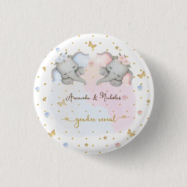 Gender Reveal Pink Blue Floral Elephant Button (Front)