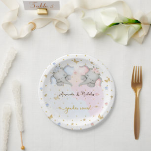 Gender Reveal Pink Blue Floral Elephant Paper Plates