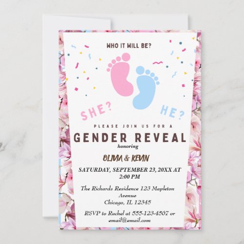 Gender reveal pink blue floral  invitation