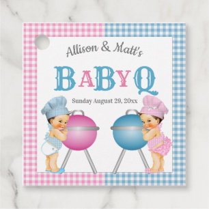 Gender Reveal Pink Blue Gingham Baby Q BBQ Favor Tags