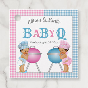 Gender Reveal Pink Blue Gingham Baby Q BBQ Favor Tags