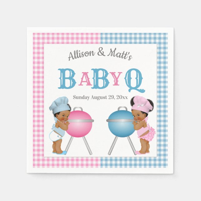 Gender Reveal Pink Blue Gingham Baby Q BBQ Napkins (Front)