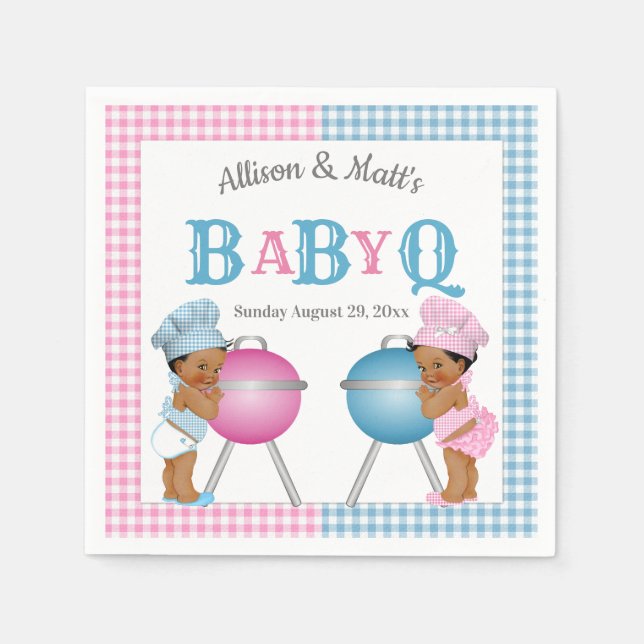 Gender Reveal Pink Blue Gingham Baby Q BBQ Napkins (Front)