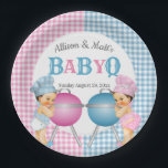 Gender Reveal Pink Blue Gingham Baby Q BBQ Paper Plates<br><div class="desc">Pink & blue gingham with baby boy & girl BBQ chef.</div>