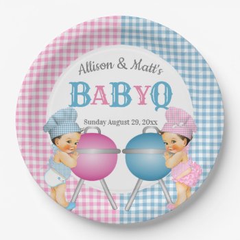 Gender Reveal Pink Blue Gingham Baby Q Bbq Paper Plates by nawnibelles at Zazzle