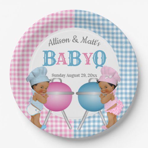 Gender Reveal Pink Blue Gingham Baby Q BBQ Paper Plates