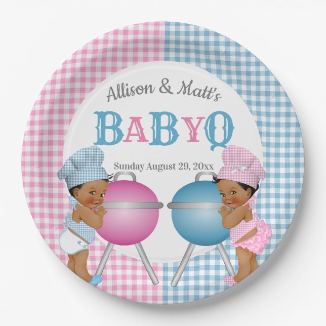 Gender Reveal Pink Blue Gingham Baby Q BBQ Paper Plates (Front)