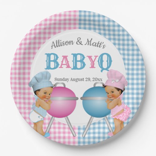 Gender Reveal Pink Blue Gingham Baby Q BBQ Paper Plates