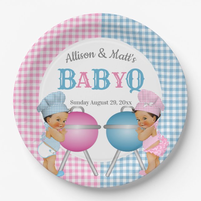 Gender Reveal Pink Blue Gingham Baby Q BBQ Paper Plates (Front)
