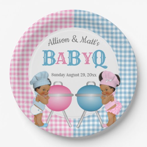 Gender Reveal Pink Blue Gingham Baby Q BBQ Paper Plates