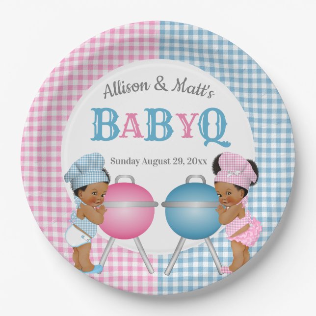 Gender Reveal Pink Blue Gingham Baby Q BBQ Paper Plates (Front)