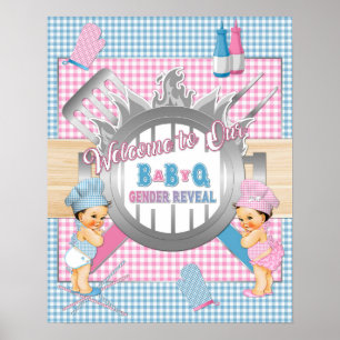 Gender Reveal Pink Blue Gingham Baby Q BBQ Poster