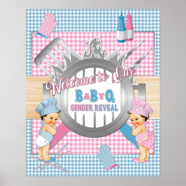 Gender Reveal Pink Blue Gingham Baby Q BBQ Poster (Front)