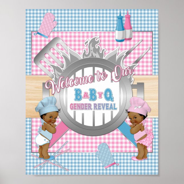 Gender Reveal Pink Blue Gingham Baby Q BBQ Poster (Front)