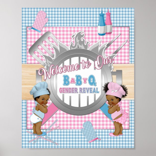 Gender Reveal Pink Blue Gingham Baby Q BBQ Poster (Front)