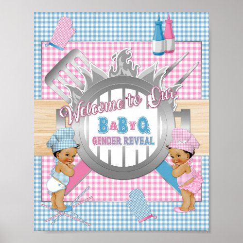 Gender Reveal Pink Blue Gingham Baby Q BBQ Poster