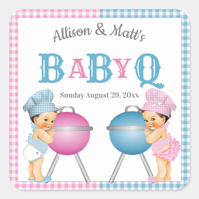 Gender Reveal Pink Blue Gingham BabyQ BBQ Square Sticker (Front)