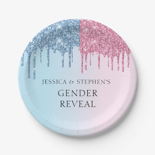 Gender Reveal Pink Blue Glitter Look Drips Paper Plates (Front)